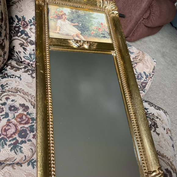 Elegant Gold Wall Mirror with Vintage Art - Picture 1 of 5